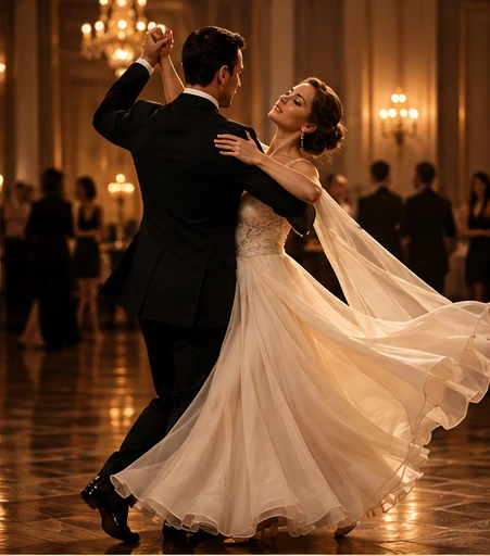 Couple dancing Waltz in a ballroom